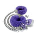 Medium purple furry handcuffs with silver chain and matching purple metal butt plug with jewel base and small keys.