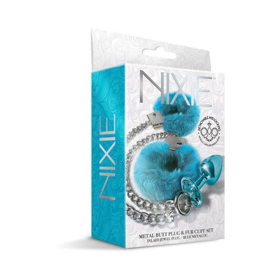 Packaging of Nixie Metal Butt Plug and furry handcuff set in blue metallic with plush blue faux fur cuffs and chain.