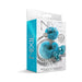 Packaging of Nixie Metal Butt Plug and furry handcuff set in blue metallic with plush blue faux fur cuffs and chain.