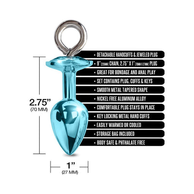 Blue metal tapered butt plug with ring handle, shown with size dimensions and key product features listed alongside.