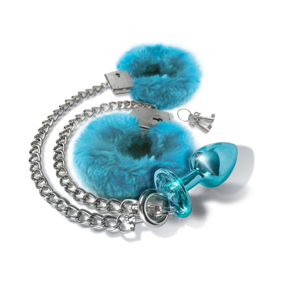 Medium-sized blue furry handcuffs with silver chain and matching blue metal butt plug with detachable ring and keys.