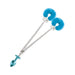 Medium metal butt plug with blue jewel attached to silver chain linked to blue furry handcuffs on white background.