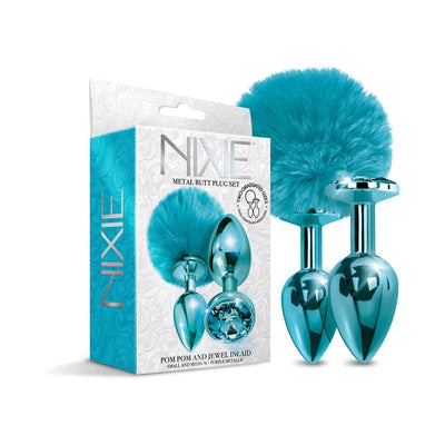 Nixie metal butt plug set with small pom pom tail and medium jewel-inlaid metallic blue plugs displayed with packaging box.