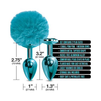 Metallic blue butt plug set with small pom pom and medium jewel, showing size dimensions and product features.