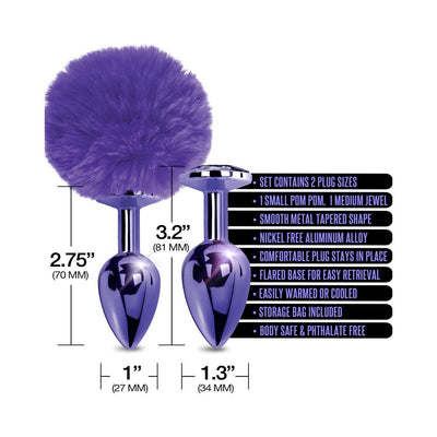 Two metallic purple butt plugs with dimensions and features labeled, one with a fluffy pom pom tail and one with a jewel base.
