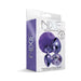 Nixie Metal Butt Plug Set with purple pom pom tail and jewel-inlaid metallic plugs in small and medium sizes in decorative packaging.