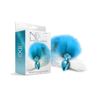 Blue ombre faux fur tail attached to a shiny metallic blue tapered butt plug with packaging box.