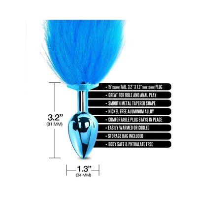 Blue metal tapered butt plug with long fluffy tail and product feature text and dimensions.