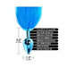 Blue metal tapered butt plug with long fluffy tail and product feature text and dimensions.