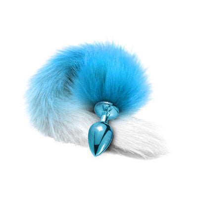 Metal butt plug with a smooth blue ombre faux fur tail on a white background.
