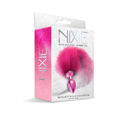 Packaging of Nixie metal butt plug with pink ombre faux fur tail, sleek metallic finish and decorative box.