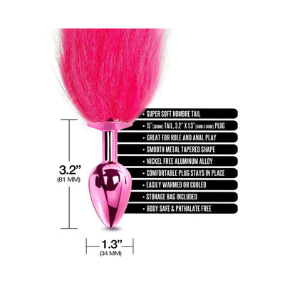 Pink metallic tapered metal butt plug with soft ombre faux fur tail and size details.
