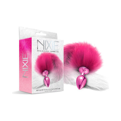 Pink metallic metal butt plug with a fluffy pink and white ombre faux fur tail next to its packaging box.