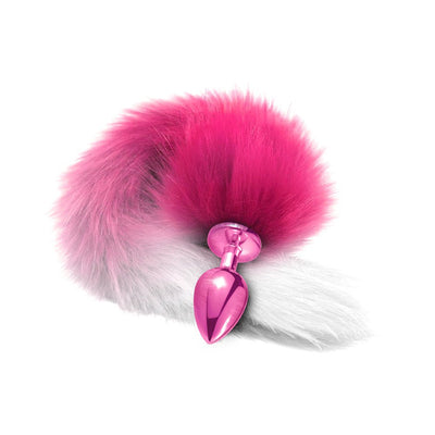 Pink metallic tapered butt plug with a long ombre faux fur tail in shades of pink and white.