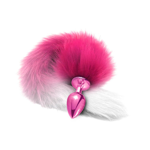 Pink metallic tapered butt plug with a long ombre faux fur tail in shades of pink and white.