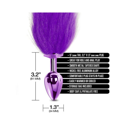 Purple metal tapered butt plug with long fluffy tail and product feature text on white background.