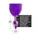 Purple metal tapered butt plug with long fluffy tail and product feature text on white background.