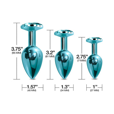 Three blue metal butt plugs in small, medium, and large sizes with jeweled tops and size measurements shown.