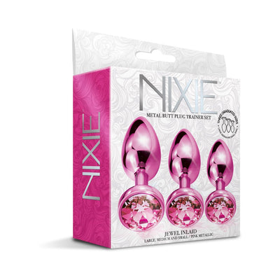 Packaging of Nixie 3-piece metal butt plug trainer set in pink metallic with jeweled bases in graduated sizes.