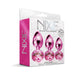 Packaging of Nixie 3-piece metal butt plug trainer set in pink metallic with jeweled bases in graduated sizes.