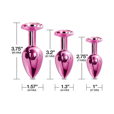 Three pink metal butt plugs in small, medium, and large sizes with jeweled tops and size measurements shown.