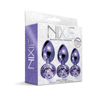 Packaging of Nixie 3-piece metal butt plug trainer set in blue metallic with jeweled bases shown in graduated sizes.