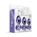 Packaging of Nixie 3-piece metal butt plug trainer set in blue metallic with jeweled bases shown in graduated sizes.