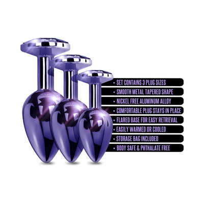 Three sizes of smooth, tapered metal butt plugs in shiny purple with jeweled tops and product features listed alongside.