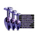 Three sizes of smooth, tapered metal butt plugs in shiny purple with jeweled tops and product features listed alongside.