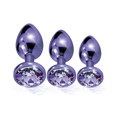 Three purple metal butt plugs with jeweled bases in small, medium, and large sizes displayed on a white background.