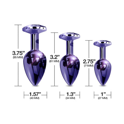 Three graduated blue metal butt plugs with jeweled tops, shown with size measurements for each piece.