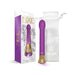 Purple satin-finish G-spot vibrator with gold jewel-inlaid base, packaging box, and white storage pouch.
