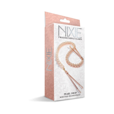 Rose gold tweezer nipple clamps connected by a strand of lustrous pearls in elegant packaging.