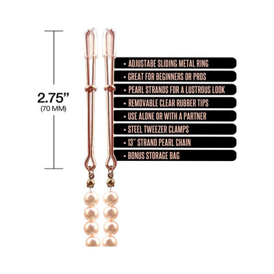 Rose gold tweezer nipple clamps with clear rubber tips and attached pearl strand, shown with product features and size details.