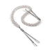 Silver tweezer nipple clamps connected by a strand of white pearl beads with clear rubber tips.
