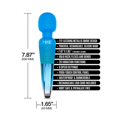 Blue Nixie rechargeable wand massager with flexible bulb neck and metallic ombre handle, featuring control panel and size details.