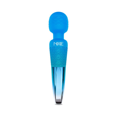 Blue Nixie rechargeable wand massager with textured silicone head and ombre transparent handle.