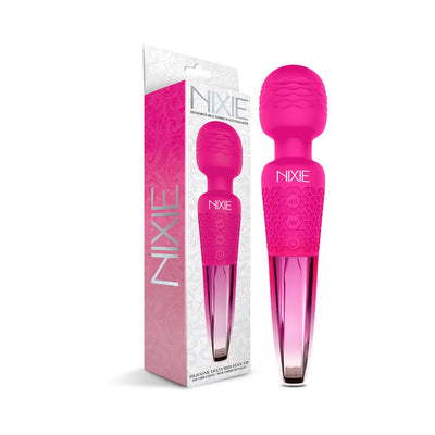 Pink Nixie rechargeable wand massager with textured silicone head and ombre metallic handle next to its packaging box.
