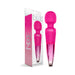 Pink Nixie rechargeable wand massager with textured silicone head and ombre metallic handle next to its packaging box.