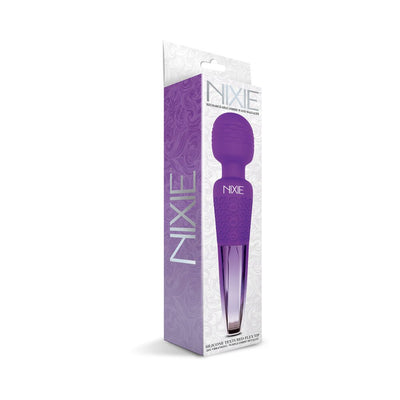 Purple Nixie rechargeable wand massager with textured silicone head and ombre metallic handle in retail packaging.