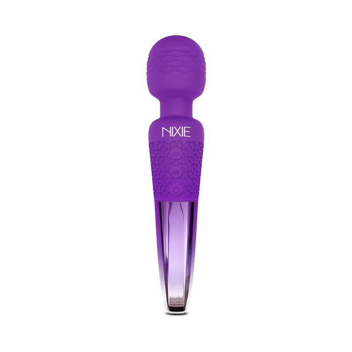 Purple Nixie rechargeable wand massager with textured silicone head and ombre metallic handle.