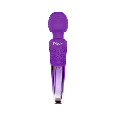 Purple Nixie rechargeable wand massager with textured silicone head and ombre metallic handle.
