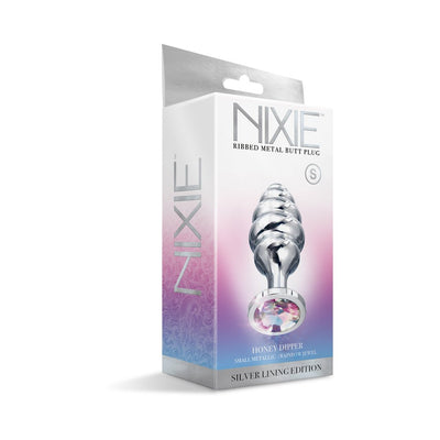 Packaging box of Nixie Ribbed Metal Butt Plug Honey Dipper Small with silver ribbed design and rainbow jewel base shown on front.
