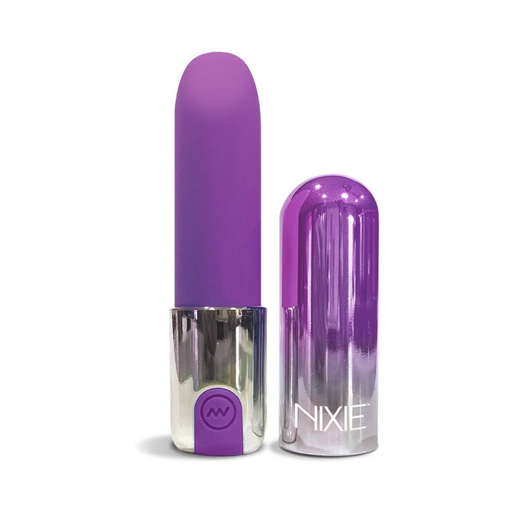 Purple lipstick-shaped vibrator with metallic silver base and matching ombre cap labeled Nixie