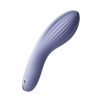 Ergonomic cornflower blue couples massager with textured silicone surface and sleek silver accent tip.