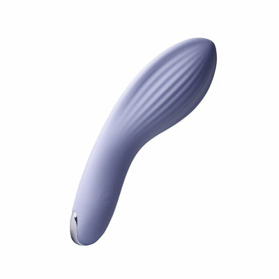 Cornflower blue ergonomic silicone couples massager with textured curved design and metallic accent tip.