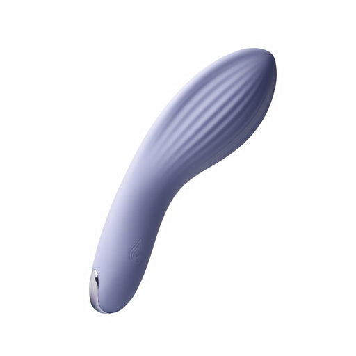 Cornflower blue ergonomic silicone couples massager with textured curved design and metallic accent tip.