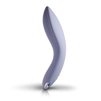 Cornflower blue ergonomic rechargeable silicone couples massager with textured curved design and metallic accent.