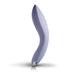 Cornflower blue ergonomic rechargeable silicone couples massager with textured curved design and metallic accent.