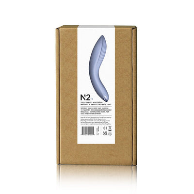 Niya 2 rechargeable silicone couples massager in cornflower blue with ergonomic design shown on eco-friendly packaging box.